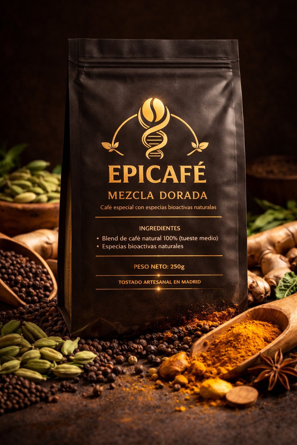 Epicafe Mezcla Dorada — Café especial con especias bioactivas naturales, tostado artesanal en Madrid